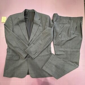 Monarch 110's 100% Wool Men Gray Plaid Suit Jacket Blazer Trousers Pants Set 44L